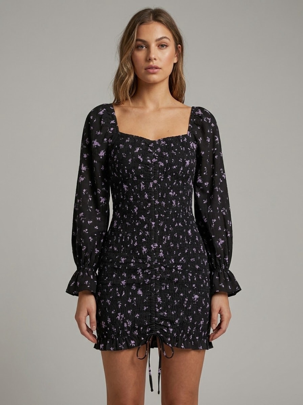 Floral Smocked Long Sleeve Front Ruched Drawstring Mini Dress Square Neck